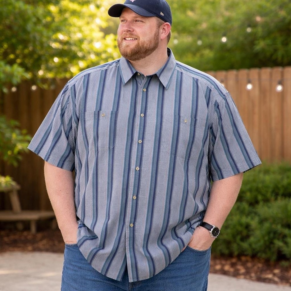 Vintage 90s‎ Block Boulevard Big Man 2X 18-18.5 Grey Vertical Striped S/S Shirt